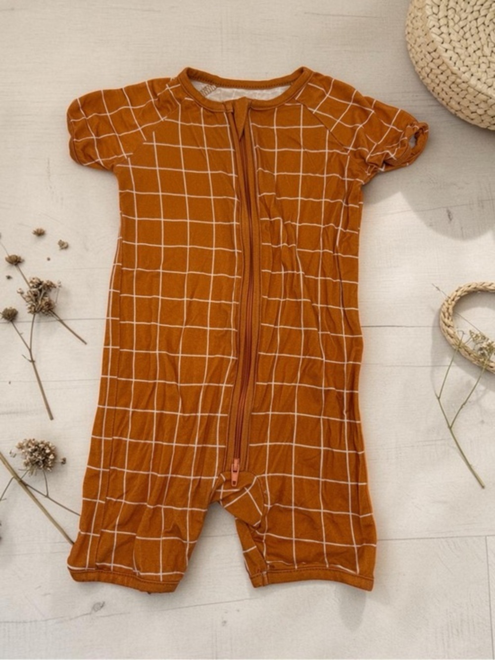Little One Shop Rust Checks Bamboo Short Romper 12-18 M